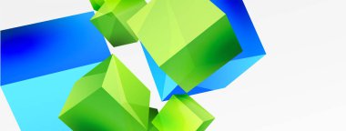 3d vektör soyut arkaplan. Uçan küp kompozisyonu. Duvar kağıdı, afiş, arkaplan veya iniş için moda tekno iş şablonu