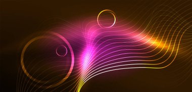 Neon çizgileri ve dalgalar soyut arkaplan. Duvar kağıdı, pankart, arkaplan, iniş sayfası, duvar sanatı, davetiye, baskılar, posterler için parlayan tekno neon şekiller vektör ilülasyonu