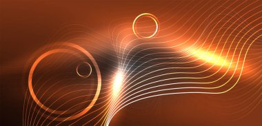 Neon lazer hatları, daire dalgaları soyut arkaplan. Neon ışığı ya da lazer gösterisi, elektrik akımı, güç hatları, tekno kuantum enerji dürtüsü, parlayan sihirli dinamik çizgiler.