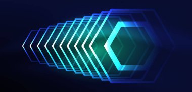 Altıgen soyut arkaplan. Duvar kağıdı, afiş, arkaplan, iniş sayfası, duvar sanatı, davetiye, baskılar için tekno parlayan neon altıgen şekiller vektör ilüstrasyonunu şekillendirir