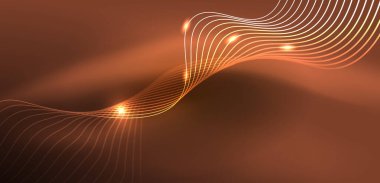 Parlak neon dalgalar. Neon ışığı ya da lazer gösterisi, elektrik akımı, güç hatları, tekno kuantum enerji dürtüsü, parlayan sihirli dinamik çizgiler.