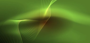 Parlak neon dalgalar. Neon ışığı ya da lazer gösterisi, elektrik akımı, güç hatları, tekno kuantum enerji dürtüsü, parlayan sihirli dinamik çizgiler.