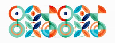 Soyut arkaplan - minimalist daireler ve çeşitli boyutlarda daireler ve diğer geometrik şekillerle yuvarlak elementler bileşimi. Elementler simetrik olarak şebekeye benzer bir şekilde dizilmiştir.