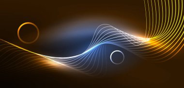Neon çizgileri ve dalgalar soyut arkaplan. Duvar kağıdı, pankart, arkaplan, iniş sayfası, duvar sanatı, davetiye, baskılar, posterler için parlayan tekno neon şekiller vektör ilülasyonu