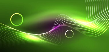 Neon çizgileri ve dalgalar soyut arkaplan. Duvar kağıdı, pankart, arkaplan, iniş sayfası, duvar sanatı, davetiye, baskılar, posterler için parlayan tekno neon şekiller vektör ilülasyonu
