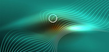 Neon çizgileri ve dalgalar soyut arkaplan. Duvar kağıdı, pankart, arkaplan, iniş sayfası, duvar sanatı, davetiye, baskılar, posterler için parlayan tekno neon şekiller vektör ilülasyonu