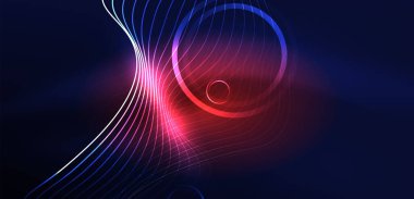 Neon lazer hatları, daire dalgaları soyut arkaplan. Neon ışığı ya da lazer gösterisi, elektrik akımı, güç hatları, tekno kuantum enerji dürtüsü, parlayan sihirli dinamik çizgiler.