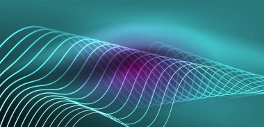 Parlak neon dalgalar. Neon ışığı ya da lazer gösterisi, elektrik akımı, güç hatları, tekno kuantum enerji dürtüsü, parlayan sihirli dinamik çizgiler.