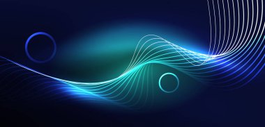 Neon lazer hatları, daire dalgaları soyut arkaplan. Neon ışığı ya da lazer gösterisi, elektrik akımı, güç hatları, tekno kuantum enerji dürtüsü, parlayan sihirli dinamik çizgiler.