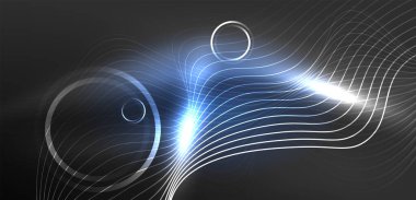 Neon lazer hatları, daire dalgaları soyut arkaplan. Neon ışığı ya da lazer gösterisi, elektrik akımı, güç hatları, tekno kuantum enerji dürtüsü, parlayan sihirli dinamik çizgiler.