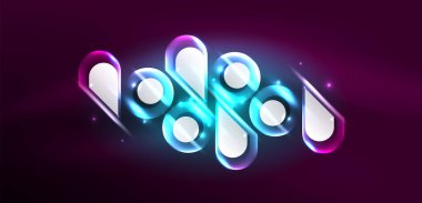 Neon parlayan geometrik şekiller vektör soyut arkaplanı. Yuvarlak elementler, ışık efektleri ve renk arkaplanlı parlak cam. Uzay kozmik ya da sihirli enerji duvar kağıdı