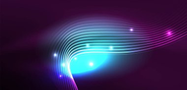 Parlak neon dalgalar. Neon ışığı ya da lazer gösterisi, elektrik akımı, güç hatları, tekno kuantum enerji dürtüsü, parlayan sihirli dinamik çizgiler.