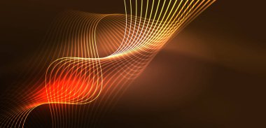 Parlak neon dalgalar. Neon ışığı ya da lazer gösterisi, elektrik akımı, güç hatları, tekno kuantum enerji dürtüsü, parlayan sihirli dinamik çizgiler.