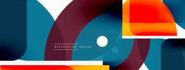 Renkli minimetrik geometrik soyut arkaplan. Yuvarlak elementlerle üçgen şekli, daireler. Duvar kağıdı, afiş, arkaplan veya iniş için moda tekno iş şablonu