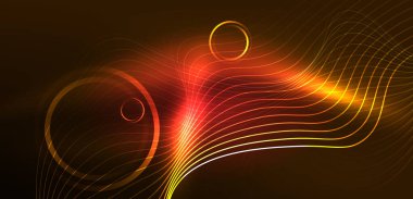 Neon çizgileri ve dalgalar soyut arkaplan. Duvar kağıdı, pankart, arkaplan, iniş sayfası, duvar sanatı, davetiye, baskılar, posterler için parlayan tekno neon şekiller vektör ilülasyonu