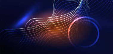 Neon lazer hatları, daire dalgaları soyut arkaplan. Neon ışığı ya da lazer gösterisi, elektrik akımı, güç hatları, tekno kuantum enerji dürtüsü, parlayan sihirli dinamik çizgiler.
