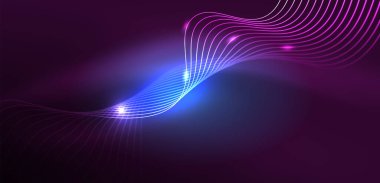 Parlak neon dalgalar. Neon ışığı ya da lazer gösterisi, elektrik akımı, güç hatları, tekno kuantum enerji dürtüsü, parlayan sihirli dinamik çizgiler.