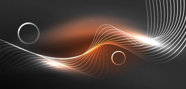 Neon lazer hatları, daire dalgaları soyut arkaplan. Neon ışığı ya da lazer gösterisi, elektrik akımı, güç hatları, tekno kuantum enerji dürtüsü, parlayan sihirli dinamik çizgiler.