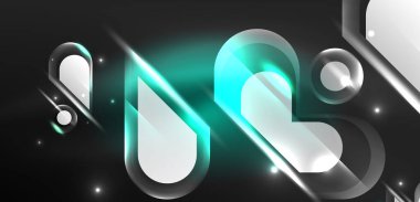 Neon parlayan geometrik şekiller vektör soyut arkaplanı. Yuvarlak elementler, ışık efektleri ve renk arkaplanlı parlak cam. Uzay kozmik ya da sihirli enerji duvar kağıdı