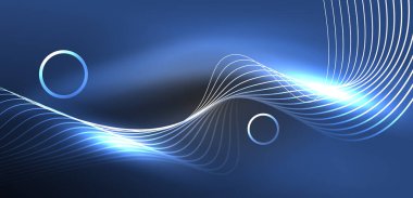 Neon lazer hatları, daire dalgaları soyut arkaplan. Neon ışığı ya da lazer gösterisi, elektrik akımı, güç hatları, tekno kuantum enerji dürtüsü, parlayan sihirli dinamik çizgiler.