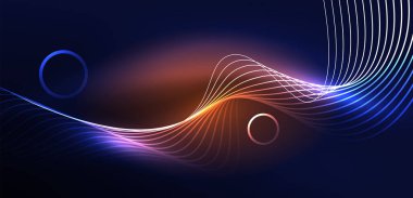 Neon lazer hatları, daire dalgaları soyut arkaplan. Neon ışığı ya da lazer gösterisi, elektrik akımı, güç hatları, tekno kuantum enerji dürtüsü, parlayan sihirli dinamik çizgiler.