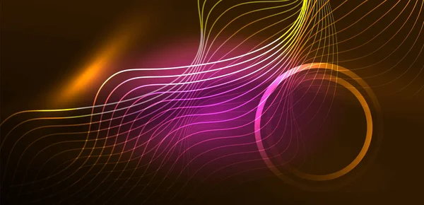 Neonové Čáry Vlny Abstraktní Pozadí Techno Zářící Neonové Tvary Vektorové — Stockový vektor