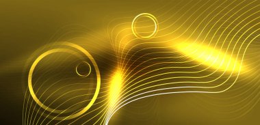 Neon çizgileri ve dalgalar soyut arkaplan. Duvar kağıdı, pankart, arkaplan, iniş sayfası, duvar sanatı, davetiye, baskılar, posterler için parlayan tekno neon şekiller vektör ilülasyonu