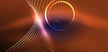 Neon lazer hatları, daire dalgaları soyut arkaplan. Neon ışığı ya da lazer gösterisi, elektrik akımı, güç hatları, tekno kuantum enerji dürtüsü, parlayan sihirli dinamik çizgiler.