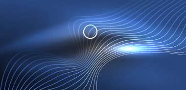 Neon lazer hatları, daire dalgaları soyut arkaplan. Neon ışığı ya da lazer gösterisi, elektrik akımı, güç hatları, tekno kuantum enerji dürtüsü, parlayan sihirli dinamik çizgiler.