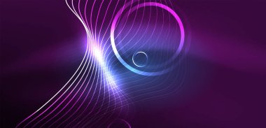 Neon çizgileri ve dalgalar soyut arkaplan. Duvar kağıdı, pankart, arkaplan, iniş sayfası, duvar sanatı, davetiye, baskılar, posterler için parlayan tekno neon şekiller vektör ilülasyonu