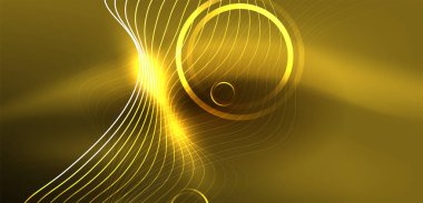 Neon çizgileri ve dalgalar soyut arkaplan. Duvar kağıdı, pankart, arkaplan, iniş sayfası, duvar sanatı, davetiye, baskılar, posterler için parlayan tekno neon şekiller vektör ilülasyonu