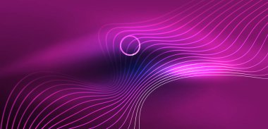 Neon lazer hatları, daire dalgaları soyut arkaplan. Neon ışığı ya da lazer gösterisi, elektrik akımı, güç hatları, tekno kuantum enerji dürtüsü, parlayan sihirli dinamik çizgiler.