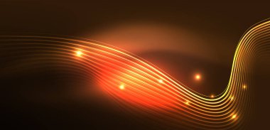 Parlak neon dalgalar. Neon ışığı ya da lazer gösterisi, elektrik akımı, güç hatları, tekno kuantum enerji dürtüsü, parlayan sihirli dinamik çizgiler.