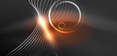 Neon lazer hatları, daire dalgaları soyut arkaplan. Neon ışığı ya da lazer gösterisi, elektrik akımı, güç hatları, tekno kuantum enerji dürtüsü, parlayan sihirli dinamik çizgiler.