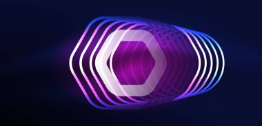 Altıgen soyut arkaplan. Duvar kağıdı, afiş, arkaplan, iniş sayfası, duvar sanatı, davetiye, baskılar için tekno parlayan neon altıgen şekiller vektör ilüstrasyonunu şekillendirir