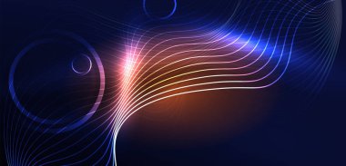 Neon lazer hatları, daire dalgaları soyut arkaplan. Neon ışığı ya da lazer gösterisi, elektrik akımı, güç hatları, tekno kuantum enerji dürtüsü, parlayan sihirli dinamik çizgiler.