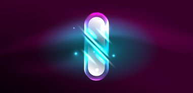 Neon parlayan geometrik şekiller vektör soyut arkaplanı. Yuvarlak elementler, ışık efektleri ve renk arkaplanlı parlak cam. Uzay kozmik ya da sihirli enerji duvar kağıdı