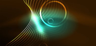 Neon çizgileri ve dalgalar soyut arkaplan. Duvar kağıdı, pankart, arkaplan, iniş sayfası, duvar sanatı, davetiye, baskılar, posterler için parlayan tekno neon şekiller vektör ilülasyonu