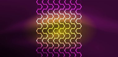 Soyut arka plan tekno neon altıgenleri. Duvar kağıdı, afiş, arkaplan, iniş sayfası, duvar resimleri, davetiye, baskılar, posterler için yüksek teknoloji vektör ilüstrasyonuName