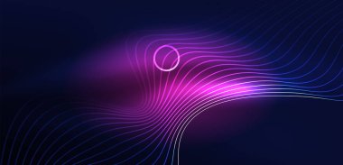 Neon lazer hatları, daire dalgaları soyut arkaplan. Neon ışığı ya da lazer gösterisi, elektrik akımı, güç hatları, tekno kuantum enerji dürtüsü, parlayan sihirli dinamik çizgiler.