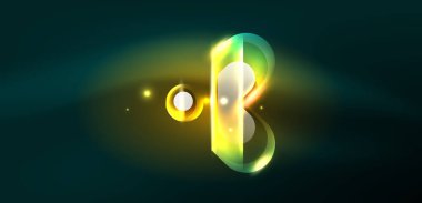 Neon parlayan geometrik şekiller vektör soyut arkaplanı. Yuvarlak elementler, ışık efektleri ve renk arkaplanlı parlak cam. Uzay kozmik ya da sihirli enerji duvar kağıdı