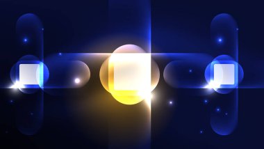 Soyut arkaplan iniş sayfası, parlak formlar üzerinde enerji etkisi konsepti, mavi parıldayan neon ışık yansımalı cam geometrik şekiller.