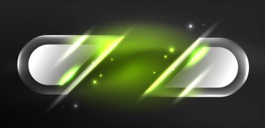 Neon parlayan geometrik şekiller vektör soyut arkaplanı. Yuvarlak elementler, ışık efektleri ve renk arkaplanlı parlak cam. Uzay kozmik ya da sihirli enerji duvar kağıdı
