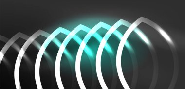 Neon çizgileri ve dalgalar soyut arkaplan. Duvar kağıdı, pankart, arkaplan, iniş sayfası, duvar sanatı, davetiye, baskılar, posterler için parlayan tekno neon şekiller vektör ilülasyonu