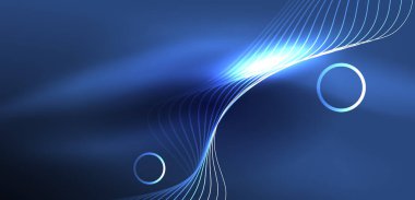 Neon lazer hatları, daire dalgaları soyut arkaplan. Neon ışığı ya da lazer gösterisi, elektrik akımı, güç hatları, tekno kuantum enerji dürtüsü, parlayan sihirli dinamik çizgiler.