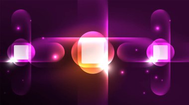 Soyut arkaplan iniş sayfası, parıldayan neon ışık yansımaları ile cam geometrik şekiller, parlak formlar üzerinde enerji etkisi kavramı
