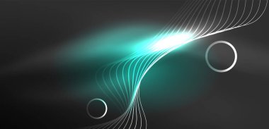 Neon çizgileri ve dalgalar soyut arkaplan. Duvar kağıdı, pankart, arkaplan, iniş sayfası, duvar sanatı, davetiye, baskılar, posterler için parlayan tekno neon şekiller vektör ilülasyonu