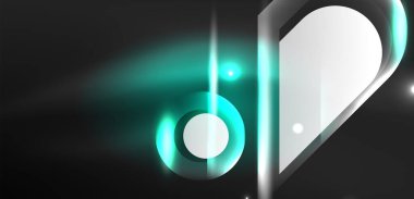 Neon parlayan geometrik şekiller vektör soyut arkaplanı. Yuvarlak elementler, ışık efektleri ve renk arkaplanlı parlak cam. Uzay kozmik ya da sihirli enerji duvar kağıdı