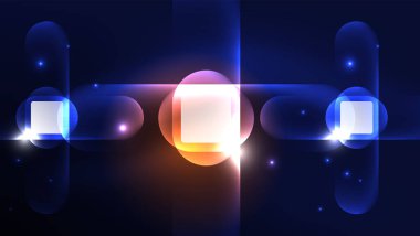 Soyut arkaplan iniş sayfası, parlak formlar üzerinde enerji etkisi konsepti, mavi parıldayan neon ışık yansımalı cam geometrik şekiller.