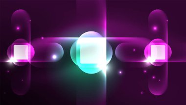 Soyut arkaplan iniş sayfası, parıldayan neon ışık yansımaları ile cam geometrik şekiller, parlak formlar üzerinde enerji etkisi kavramı